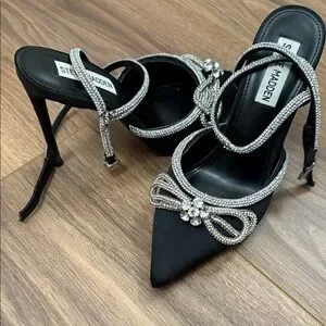 Steve Madden Black Satin Heels with Silver Embellishments